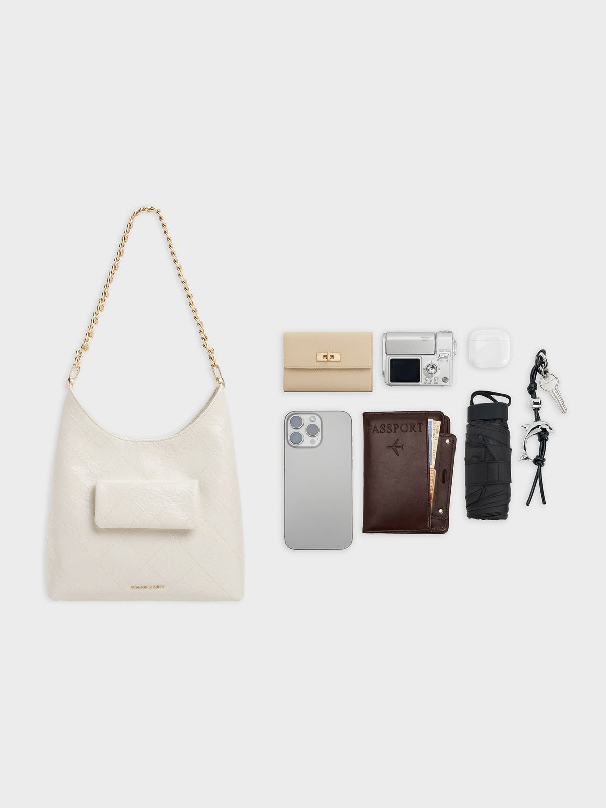 CHARLES & KEITH Smart Buy / Duo Quilted Front-Pocket Chain Hobo Bag - Cream