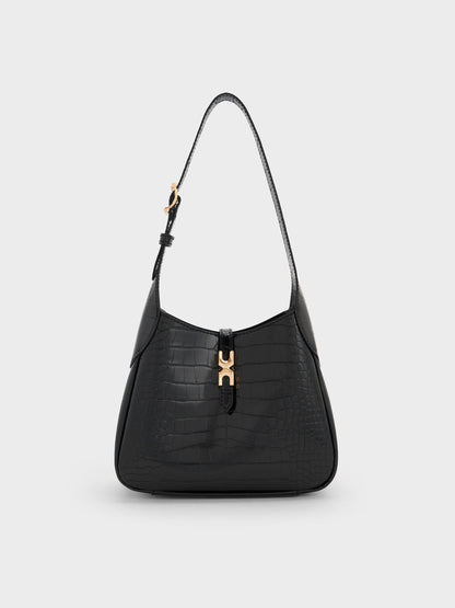 CHARLES & KEITH Deals / Mini Adalyn Croc-Effect Hobo Bag - Black Croco