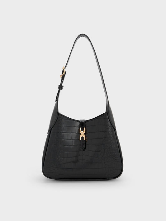 CHARLES & KEITH Deals / Mini Adalyn Croc-Effect Hobo Bag - Black Croco