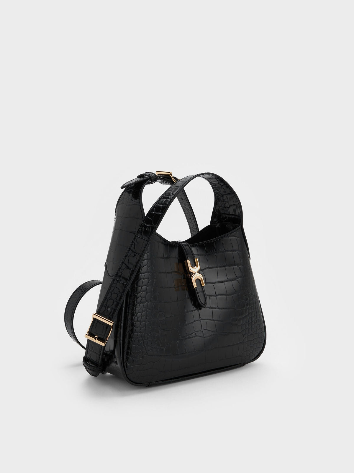 CHARLES & KEITH Deals / Mini Adalyn Croc-Effect Hobo Bag - Black Croco