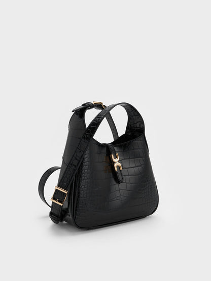 CHARLES & KEITH Deals / Mini Adalyn Croc-Effect Hobo Bag - Black Croco