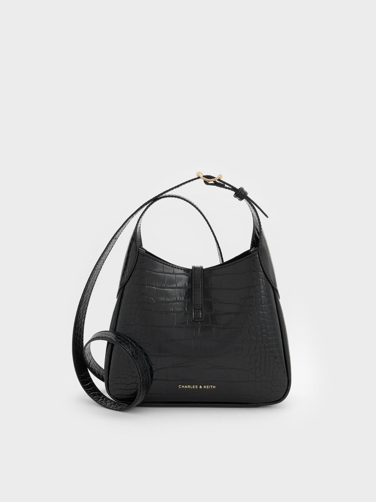 CHARLES & KEITH Deals / Mini Adalyn Croc-Effect Hobo Bag - Black Croco