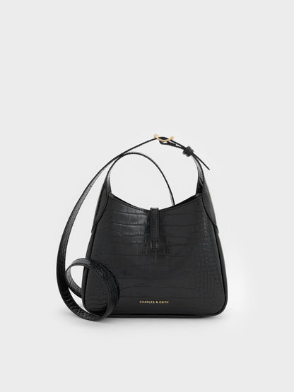 CHARLES & KEITH Deals / Mini Adalyn Croc-Effect Hobo Bag - Black Croco