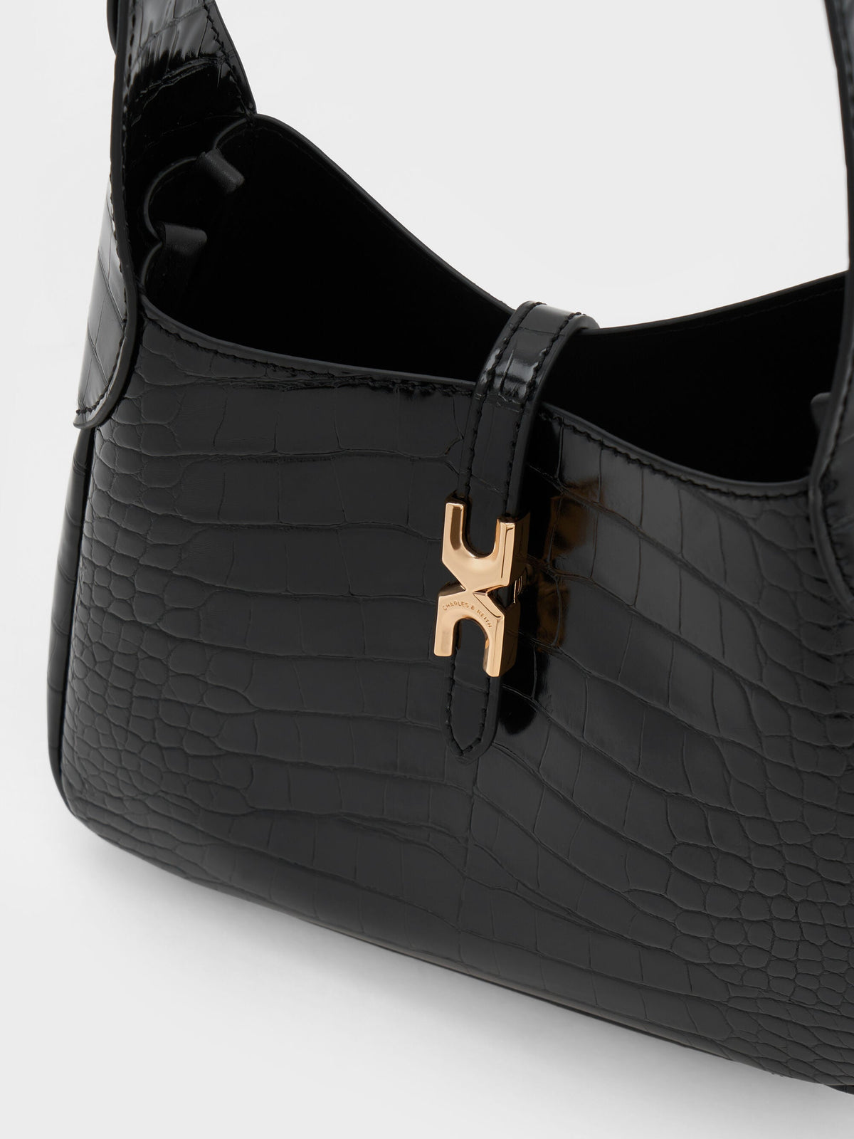 CHARLES & KEITH Deals / Mini Adalyn Croc-Effect Hobo Bag - Black Croco