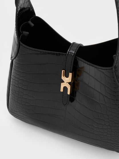 CHARLES & KEITH Deals / Mini Adalyn Croc-Effect Hobo Bag - Black Croco