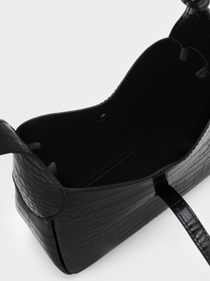 CHARLES & KEITH Deals / Mini Adalyn Croc-Effect Hobo Bag - Black Croco