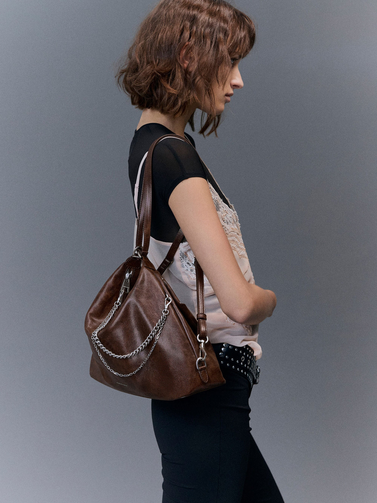 CHARLES & KEITH Sale / Atwood Chain Convertible Hobo Bag - Distressed Coffee