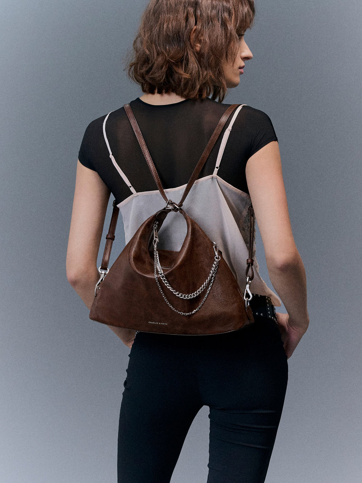 CHARLES & KEITH Sale / Atwood Chain Convertible Hobo Bag - Distressed Coffee