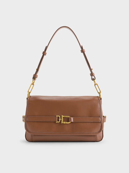 CHARLES & KEITH Everyday / Gwynne Metallic-Buckle Belted Shoulder Bag - Chocolate