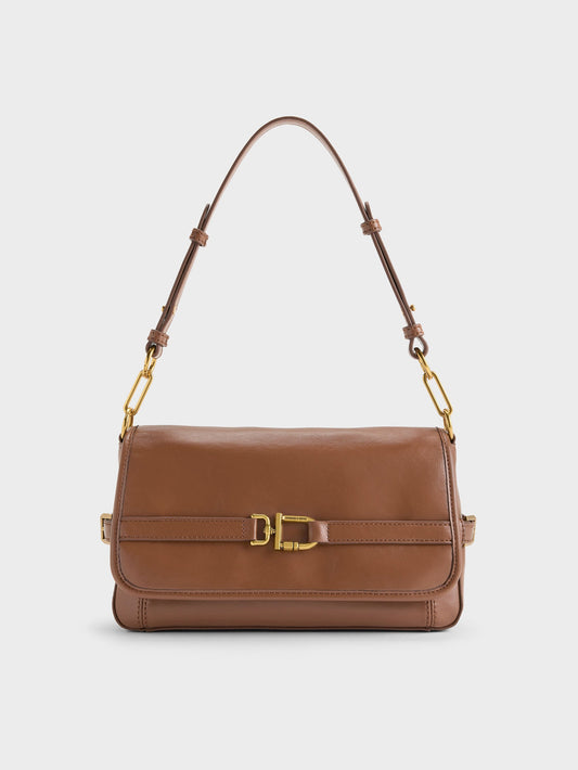 CHARLES & KEITH Everyday / Gwynne Metallic-Buckle Belted Shoulder Bag - Chocolate