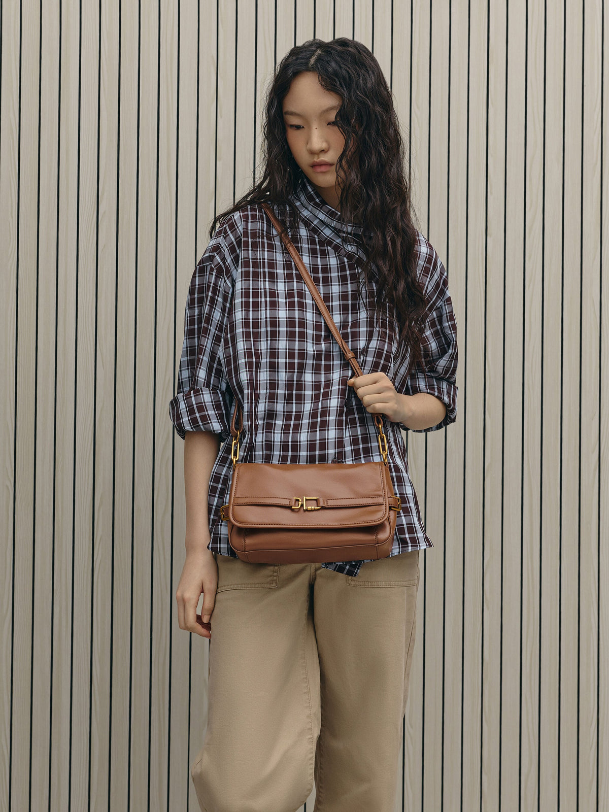 CHARLES & KEITH Everyday / Gwynne Metallic-Buckle Belted Shoulder Bag - Chocolate