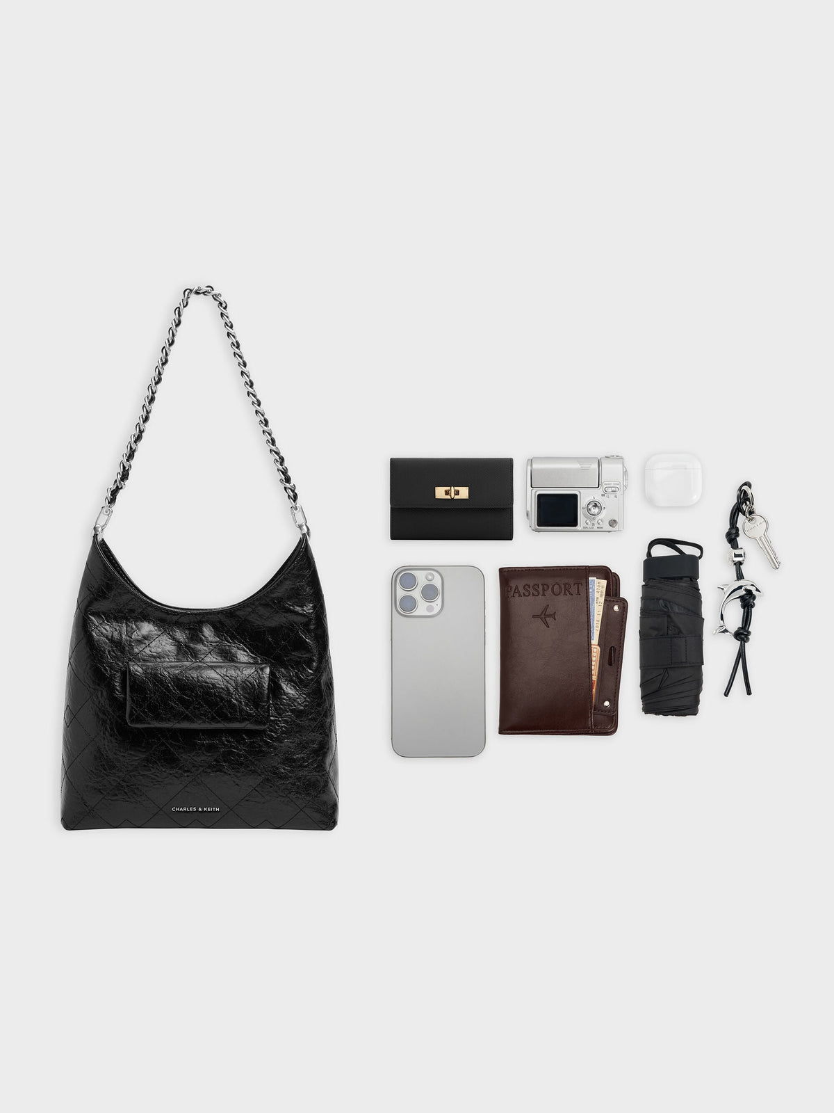 CHARLES & KEITH Special Offer / Duo Quilted Front-Pocket Chain Hobo Bag - Noir