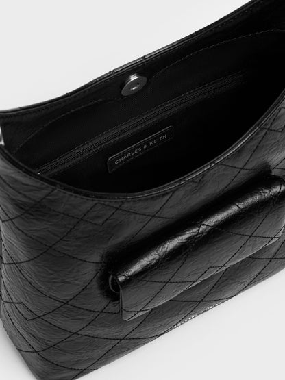 CHARLES & KEITH Special Offer / Duo Quilted Front-Pocket Chain Hobo Bag - Noir