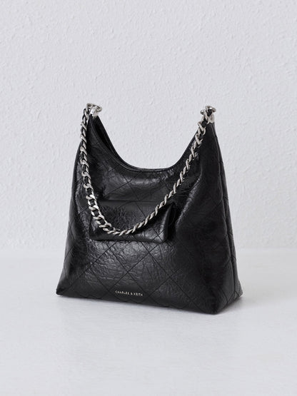 CHARLES & KEITH Special Offer / Duo Quilted Front-Pocket Chain Hobo Bag - Noir