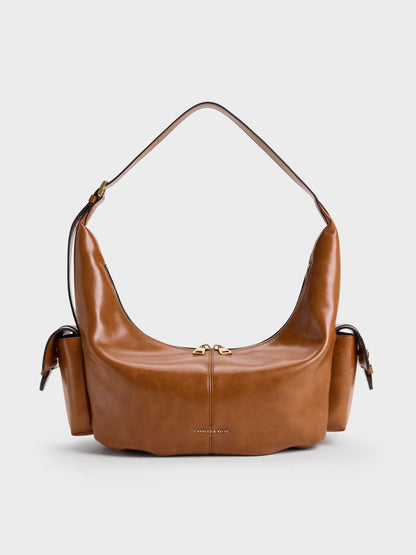 CHARLES & KEITH Hot Sale / Large Bessie Side-Pocket Hobo Bag - Distressed Tan