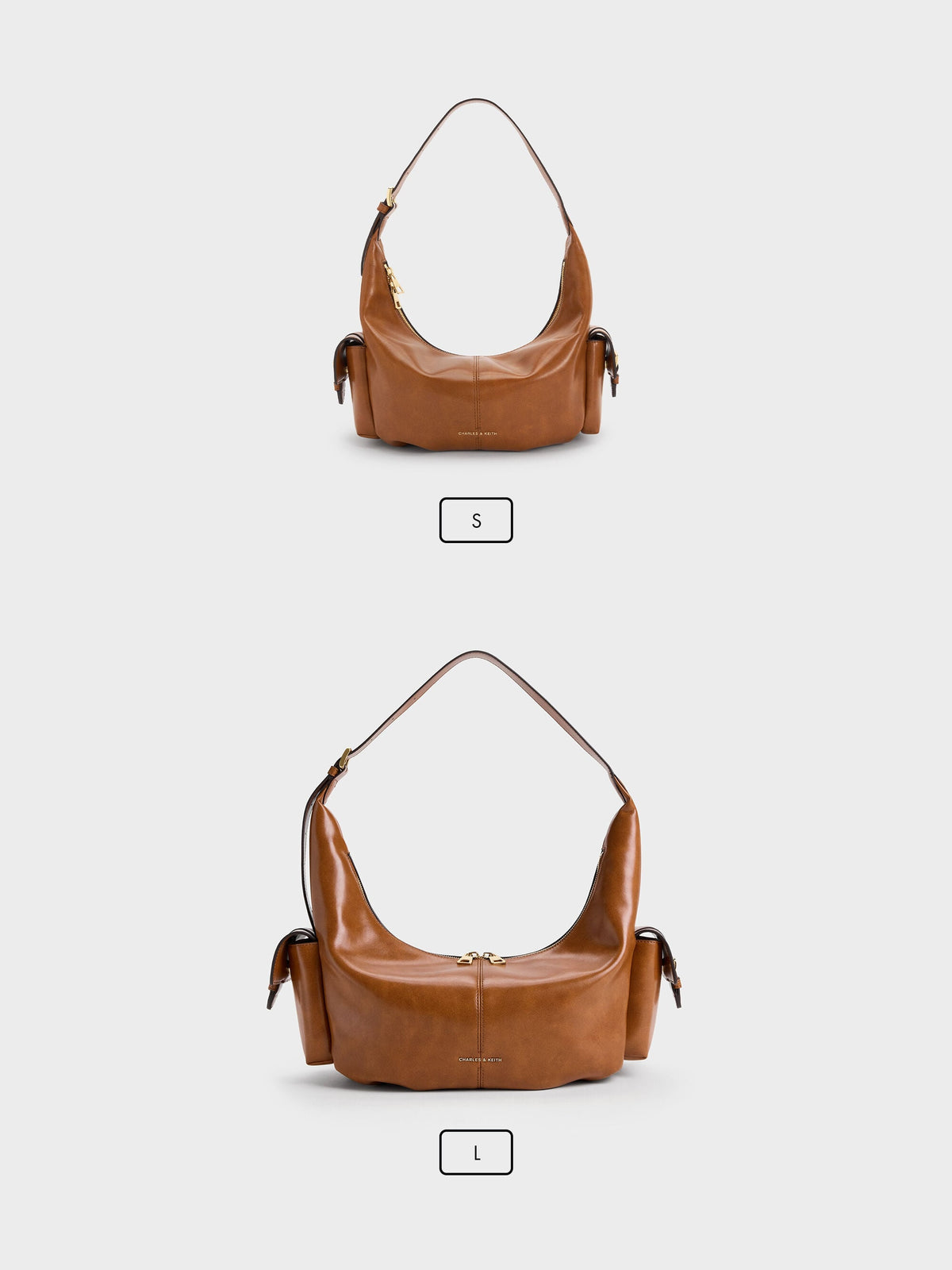CHARLES & KEITH Hot Sale / Large Bessie Side-Pocket Hobo Bag - Distressed Tan