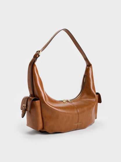 CHARLES & KEITH Hot Sale / Large Bessie Side-Pocket Hobo Bag - Distressed Tan