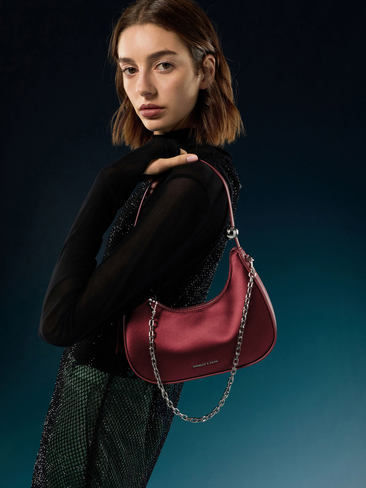 CHARLES & KEITH Signature / Jesmyn Satin Chain Two-Way Bag - Burgundy