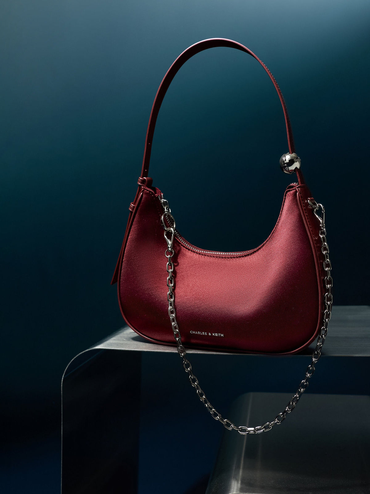 CHARLES & KEITH Signature / Jesmyn Satin Chain Two-Way Bag - Burgundy