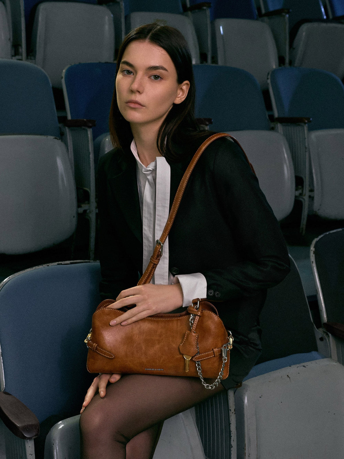 CHARLES & KEITH New / Delfina Chain Side-Belt Shoulder Bag - Distressed Tan