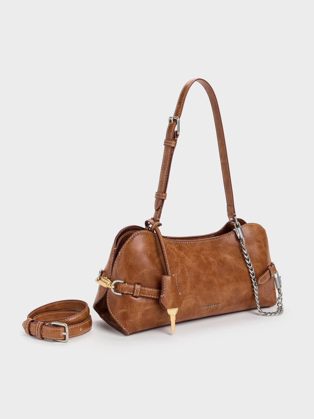 CHARLES & KEITH New / Delfina Chain Side-Belt Shoulder Bag - Distressed Tan