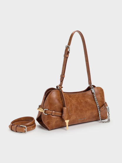 CHARLES & KEITH New / Delfina Chain Side-Belt Shoulder Bag - Distressed Tan