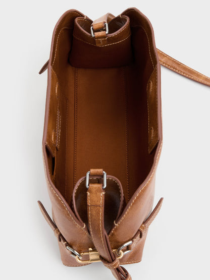 CHARLES & KEITH New / Delfina Chain Side-Belt Shoulder Bag - Distressed Tan