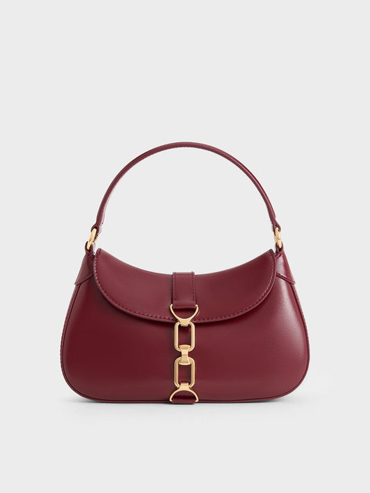 CHARLES & KEITH Essential / Agatha Chain-Accent Hobo Bag - Burgundy