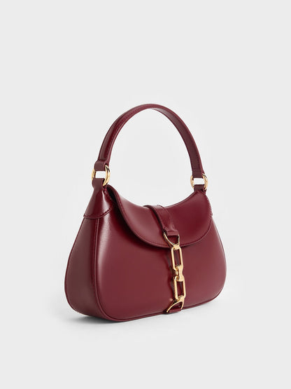 CHARLES & KEITH Essential / Agatha Chain-Accent Hobo Bag - Burgundy
