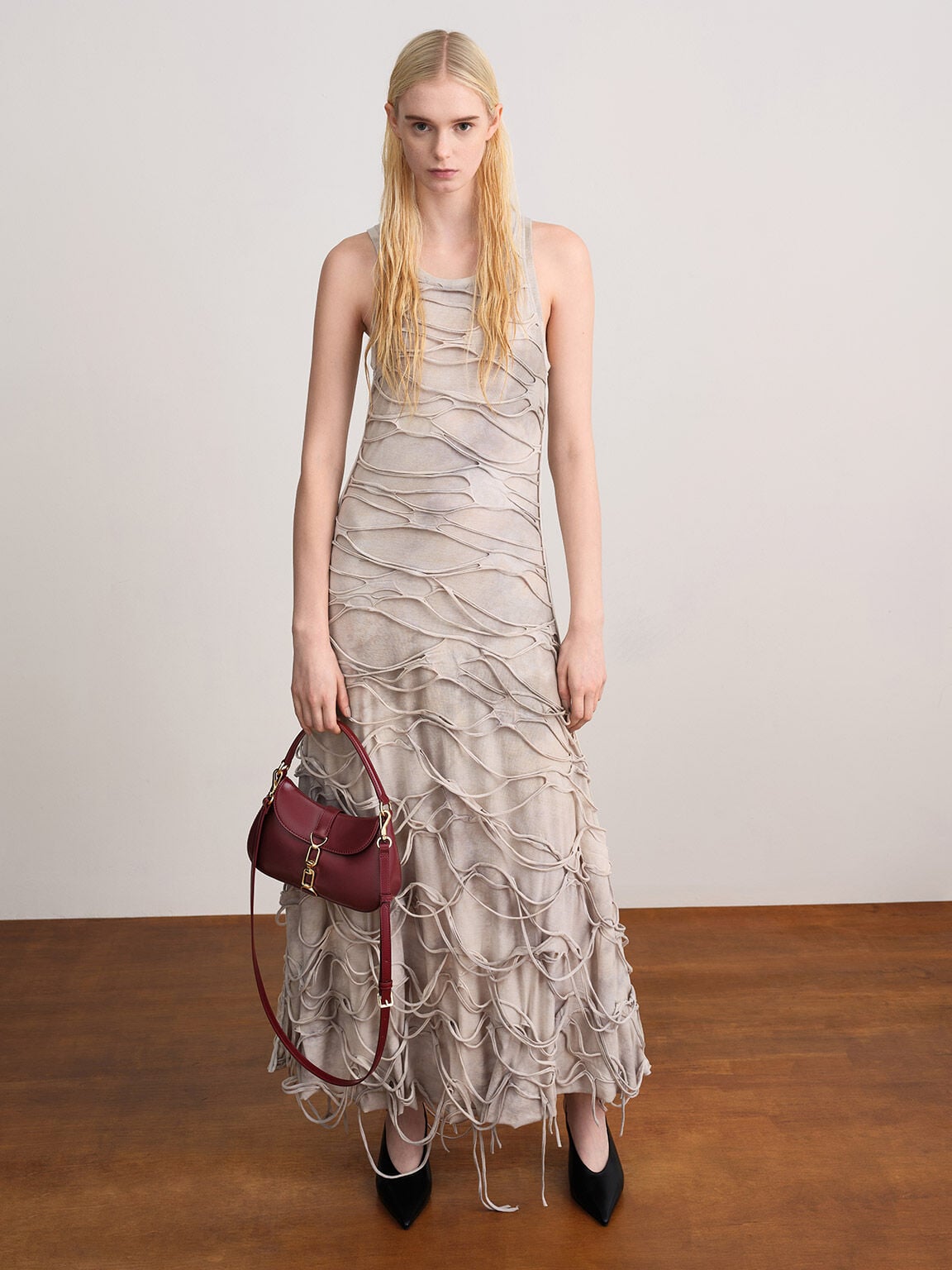 CHARLES & KEITH Essential / Agatha Chain-Accent Hobo Bag - Burgundy