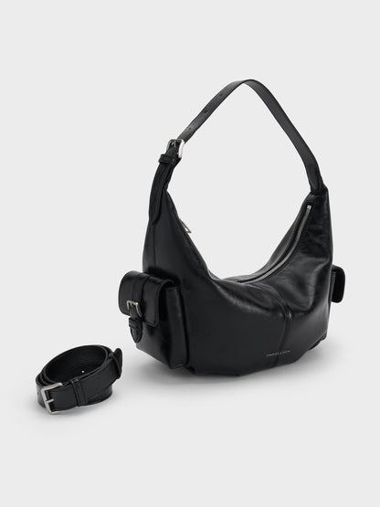 CHARLES & KEITH Best Seller / Bessie Side-Pocket Hobo Bag - Noir