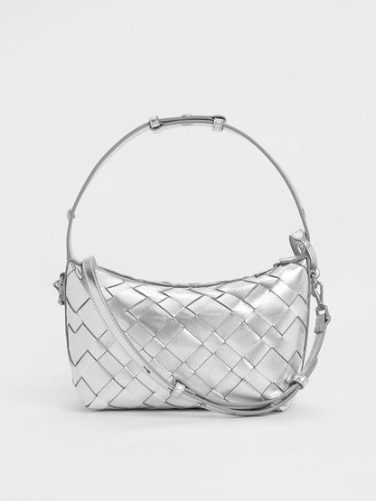 CHARLES & KEITH Popular / Ivette Metallic Woven Shoulder Bag - Silver