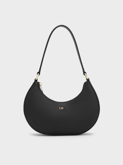 CHARLES & KEITH Hot Sale / Leather Crescent Hobo Bag - Black