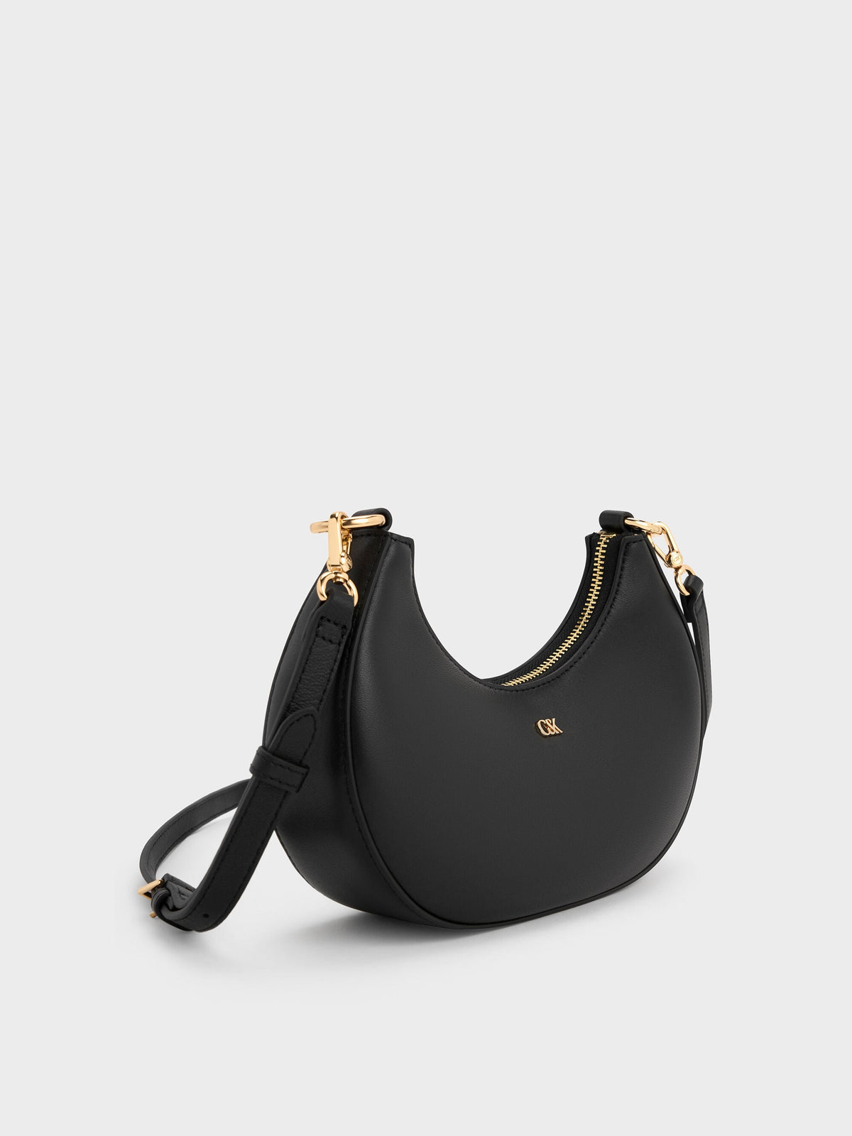 CHARLES & KEITH Hot Sale / Leather Crescent Hobo Bag - Black