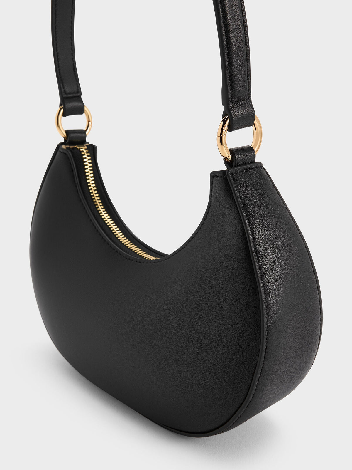 CHARLES & KEITH Hot Sale / Leather Crescent Hobo Bag - Black