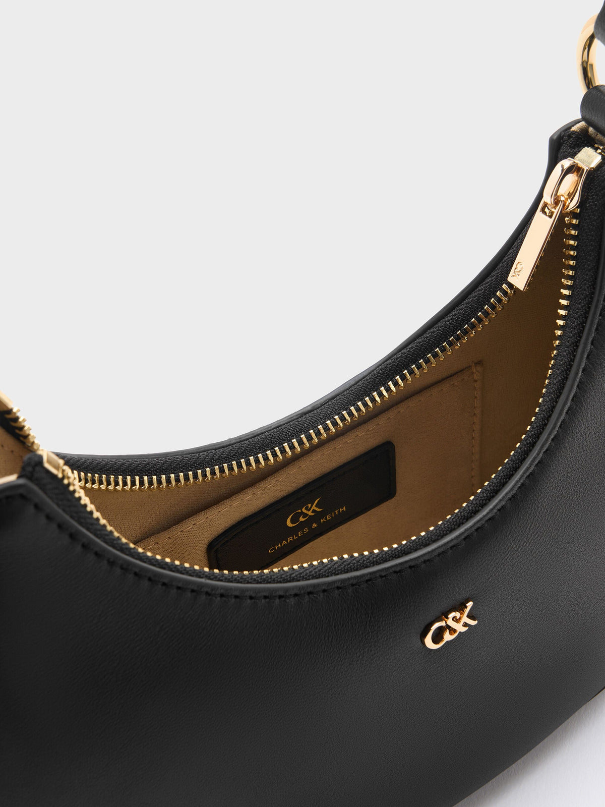 CHARLES & KEITH Hot Sale / Leather Crescent Hobo Bag - Black