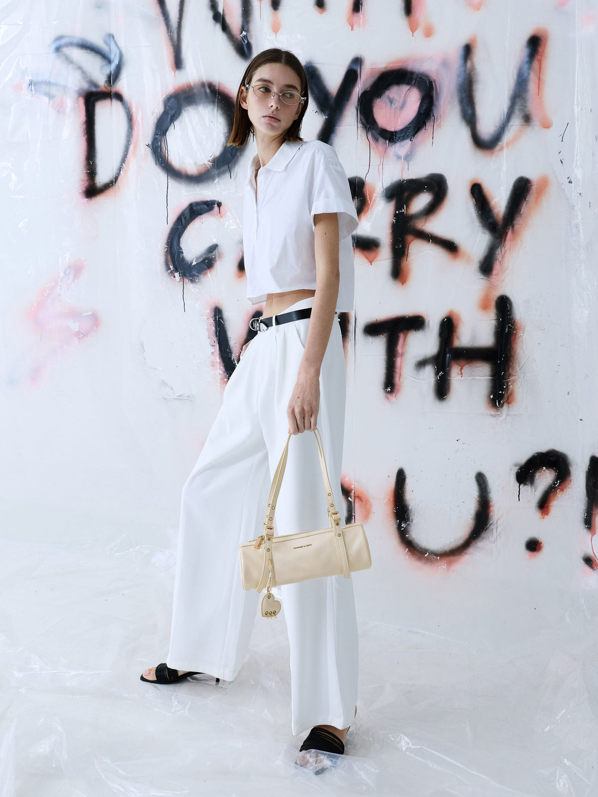 CHARLES & KEITH Customer Favorite / Rey Elongated Shoulder Bag - Cream