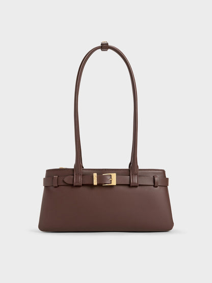 CHARLES & KEITH Hot Sale / Jody Leather Belted Shoulder Bag - Dark Brown