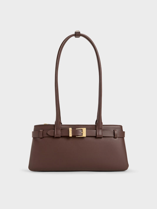 CHARLES & KEITH Hot Sale / Jody Leather Belted Shoulder Bag - Dark Brown