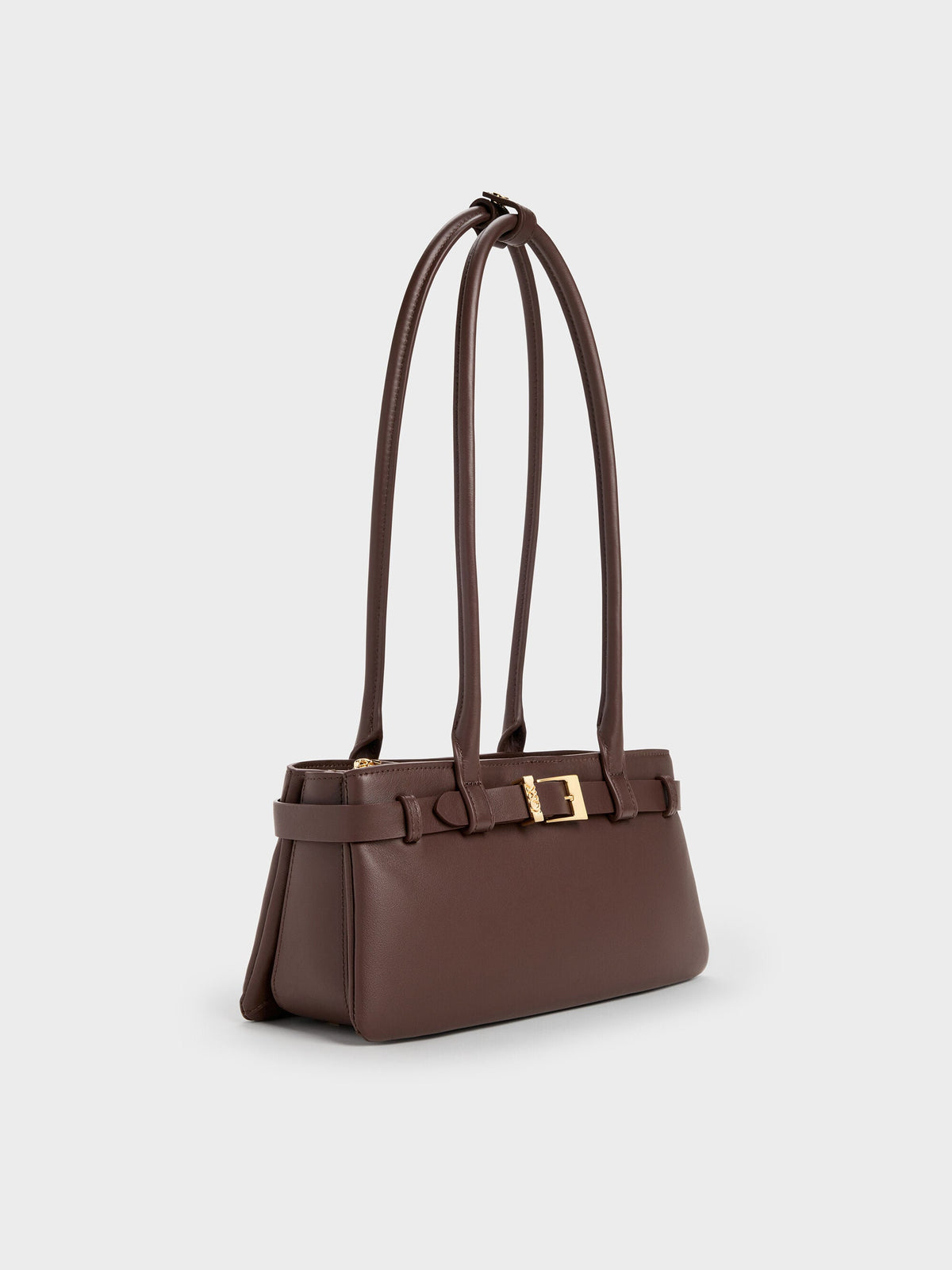 CHARLES & KEITH Hot Sale / Jody Leather Belted Shoulder Bag - Dark Brown