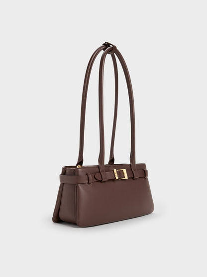 CHARLES & KEITH Hot Sale / Jody Leather Belted Shoulder Bag - Dark Brown