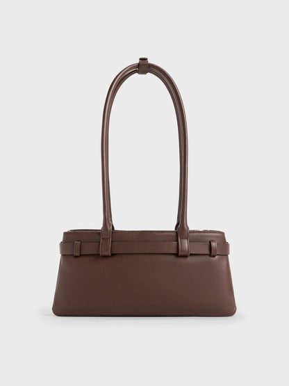 CHARLES & KEITH Hot Sale / Jody Leather Belted Shoulder Bag - Dark Brown