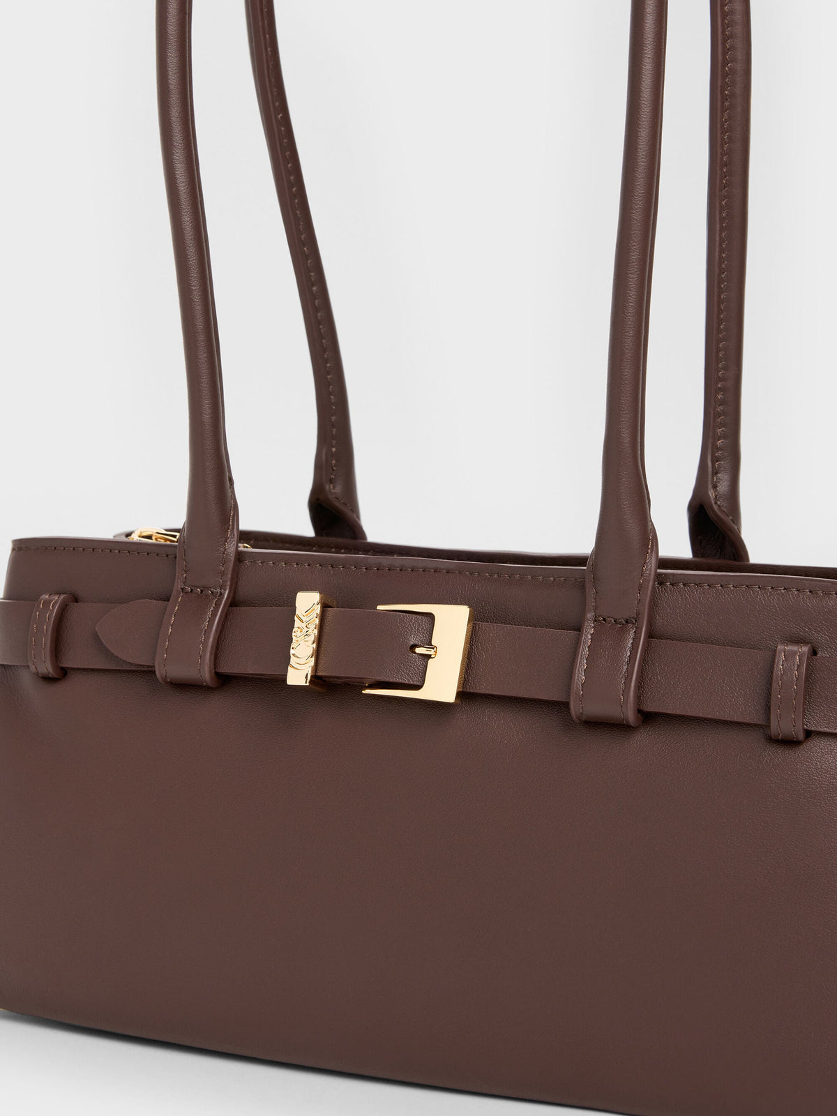 CHARLES & KEITH Hot Sale / Jody Leather Belted Shoulder Bag - Dark Brown