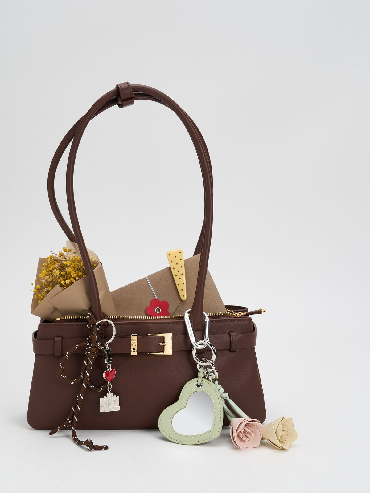 CHARLES & KEITH Hot Sale / Jody Leather Belted Shoulder Bag - Dark Brown