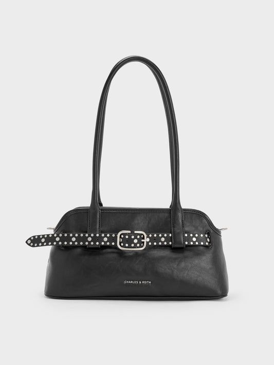 CHARLES & KEITH Smart Buy / Victoria Studded Belted Shoulder Bag - Noir