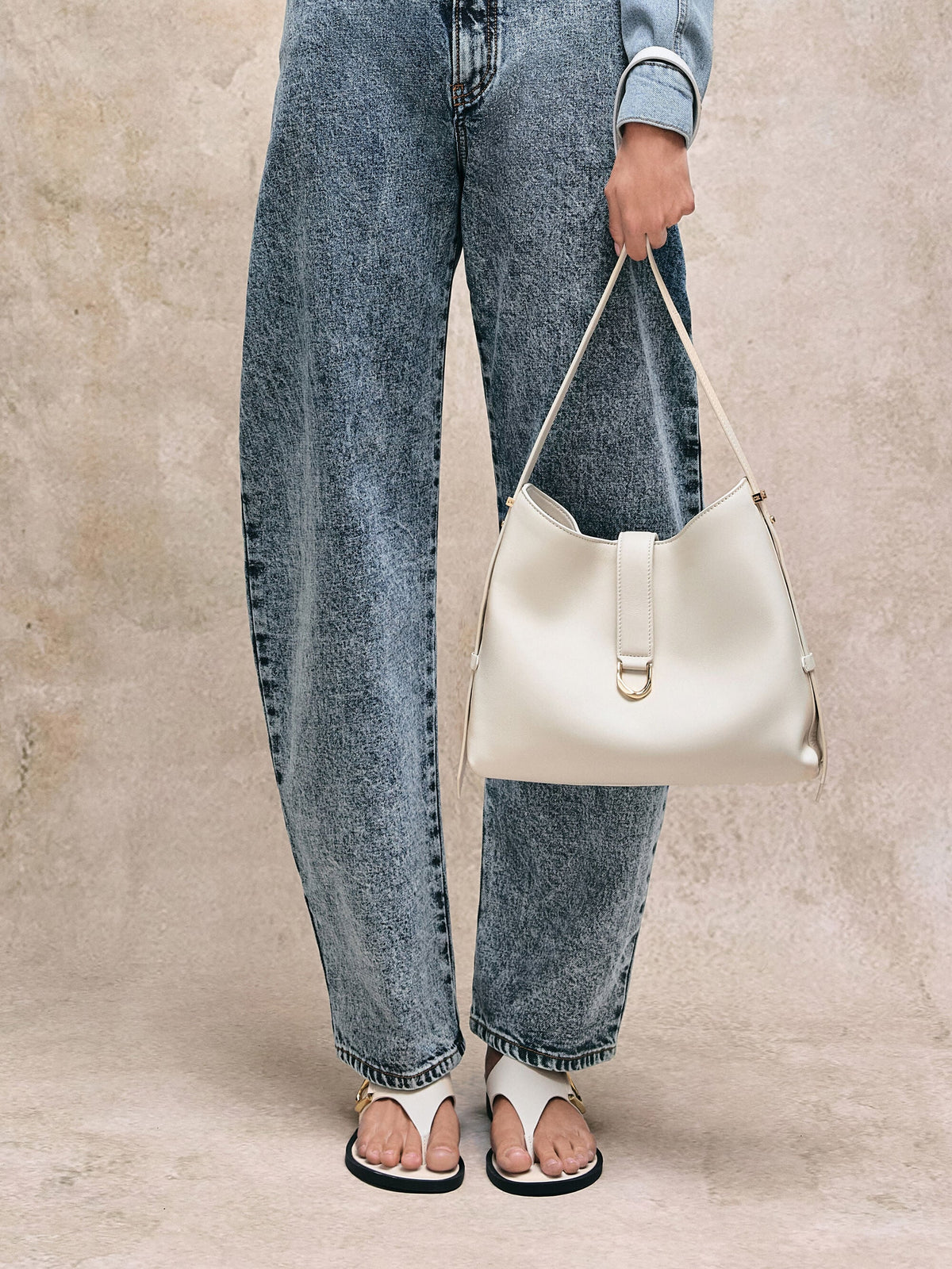 CHARLES & KEITH Exclusive / Gabine Leather Belted Hobo Bag - Eggshell Cream