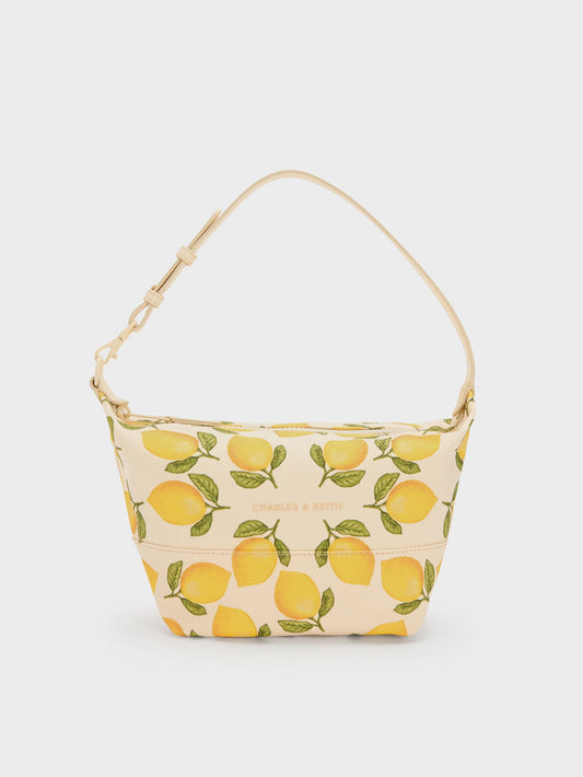 CHARLES & KEITH Essential / Amity Canvas Lemon-Print Hobo Bag - Butter Yellow