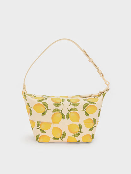 CHARLES & KEITH Essential / Amity Canvas Lemon-Print Hobo Bag - Butter Yellow