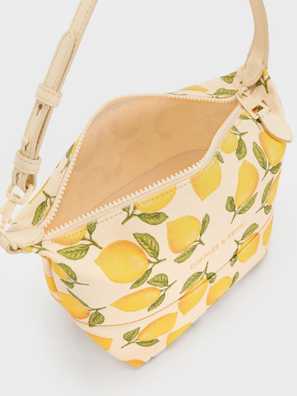 CHARLES & KEITH Essential / Amity Canvas Lemon-Print Hobo Bag - Butter Yellow