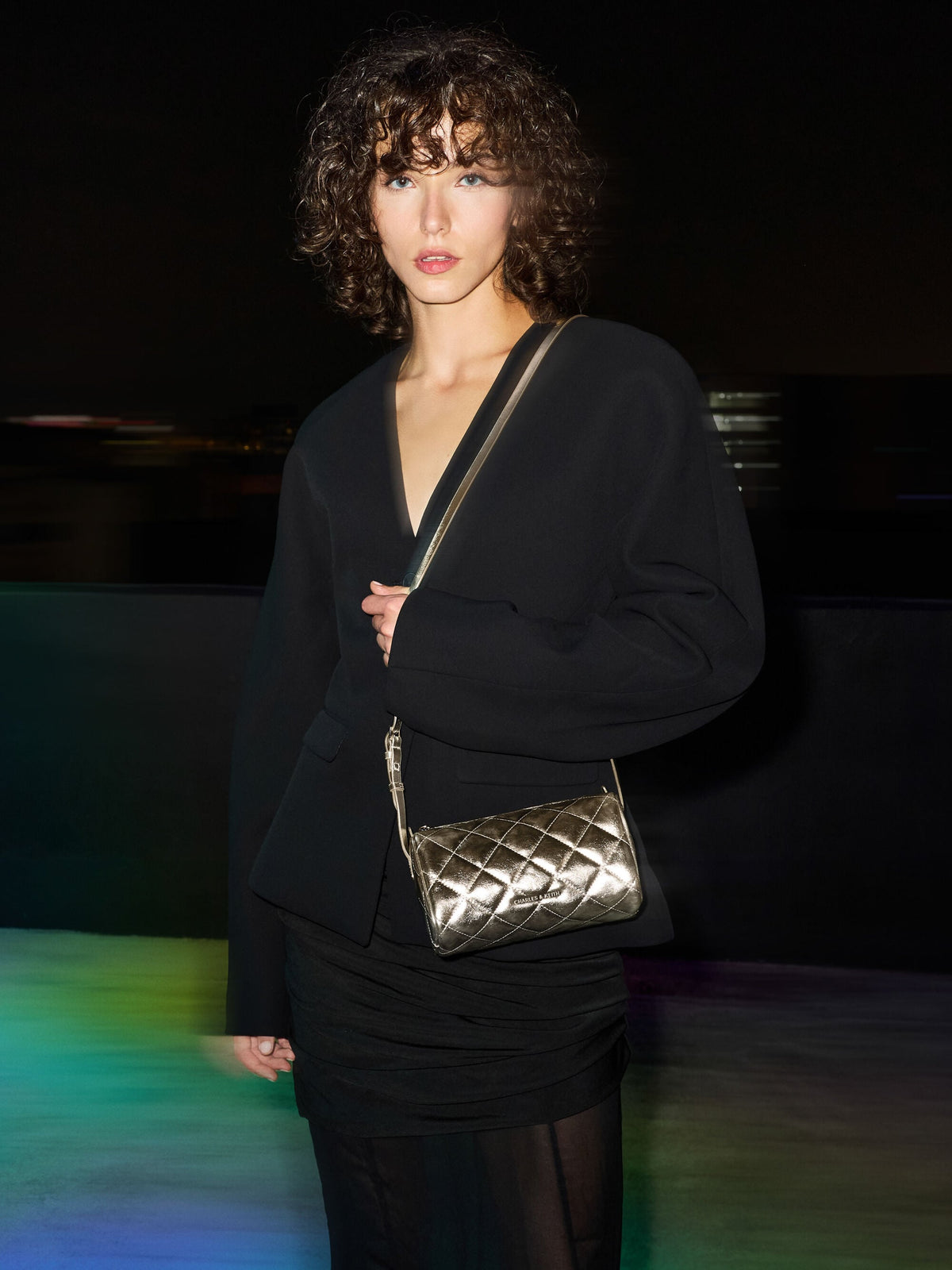 CHARLES & KEITH Deals / Janie Metallic Quilted Shoulder Bag - Champagne